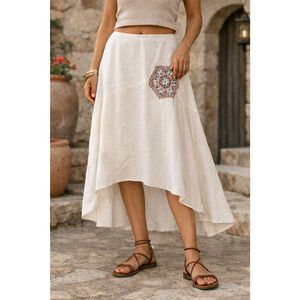 Vintage Boho resort minimalist White High Low Embroidered Midi Skirt Size 14